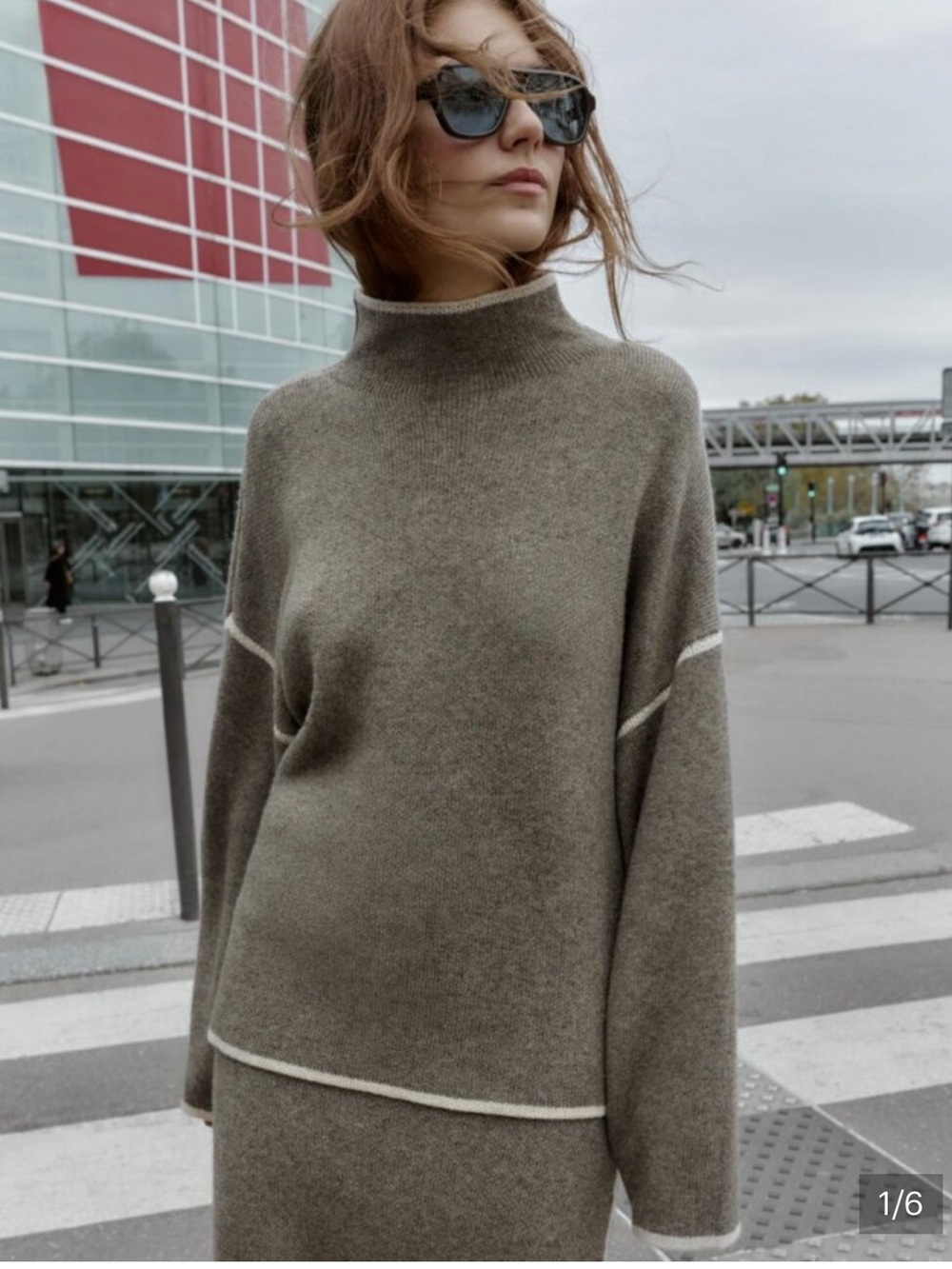 Zara Taupr -Grey Mock Neck Sweater with Cream Piping